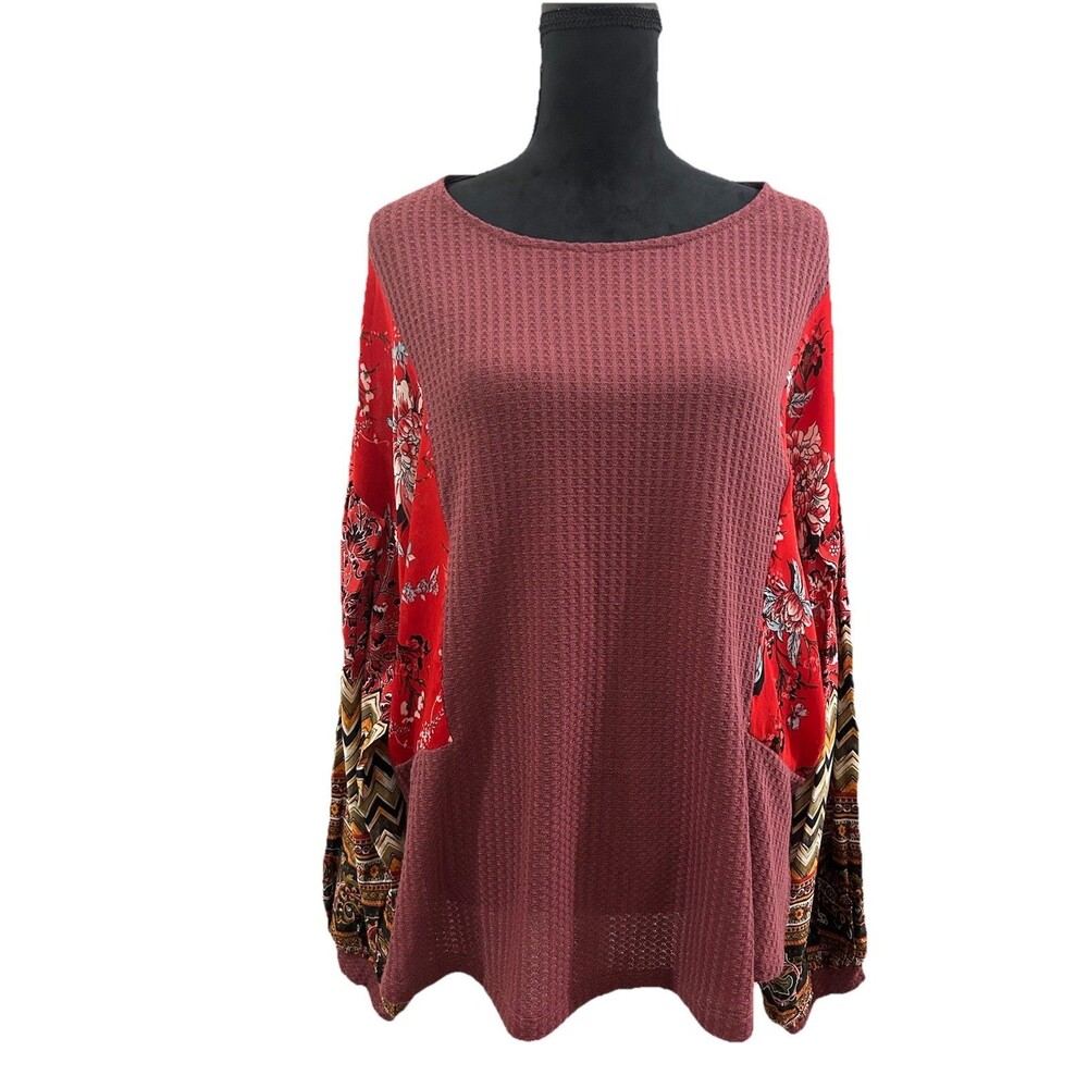 Umgee Womens Size L Boho Top Patchwork Waffle Knit Balloon Sleeves Round Neck